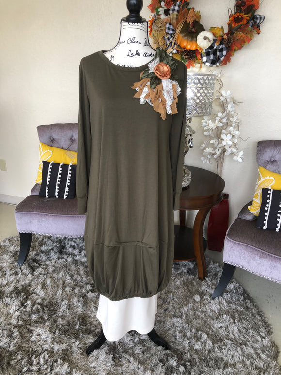 Olive Green Ruched Bubble Tunic/Dress (PL)