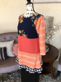 Coral, Navy and Mustard Retro Style Top