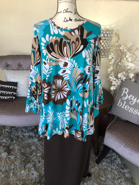 Aqua and Brown Floral Tunic/Top