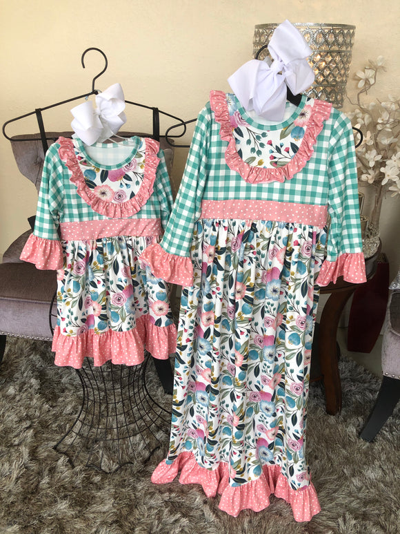 Girl’s Peach/Floral/Dot and Mint Check Dress