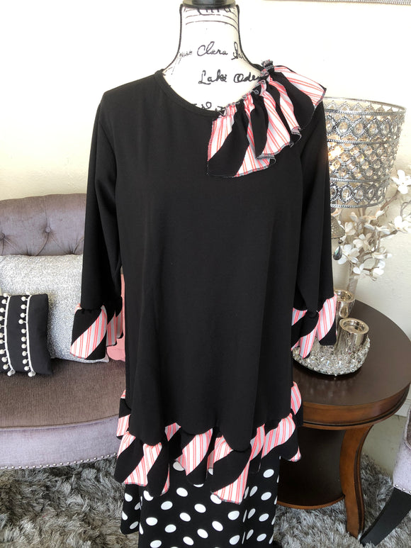 Black Tunic with Ecru and Neon Pink Stripe Ruffles