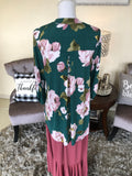Teal Green and Mauve Floral Top