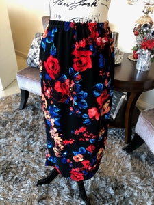 Black with Red and Royal Floral Straight Skirt