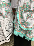 Aqua and Peach Floral Truck Print Apron Set