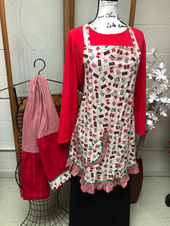Red Gingham Holiday Print Apron Set