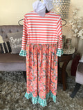 Girl’s Coral Stripe/Floral and Green Check Dress