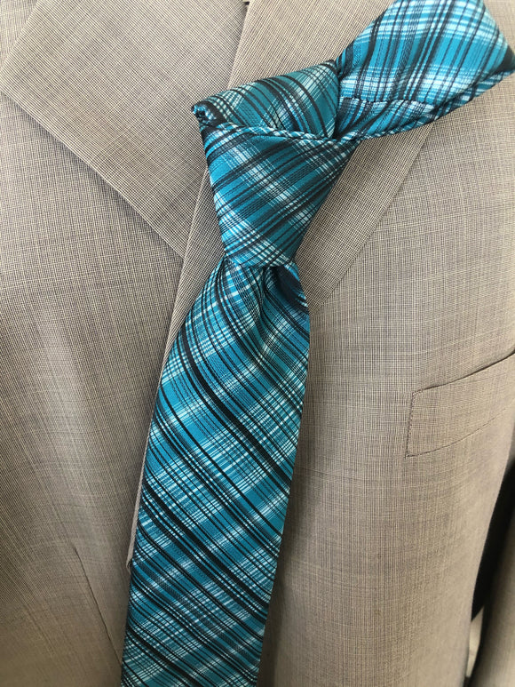 SK 103XL Light Teal, Silver and Black Plaid Tie