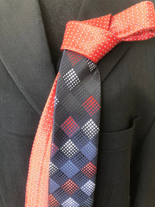 CK 159 Black, Silver and Red Plaid Tie W/Red Contrast Knot