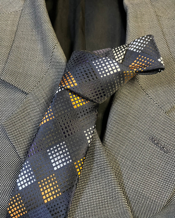 SK 105XL Navy, Gold, and Silver Plaid Extra Long Tie