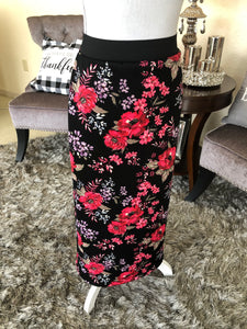 Black with Red Floral Straight Skirt
