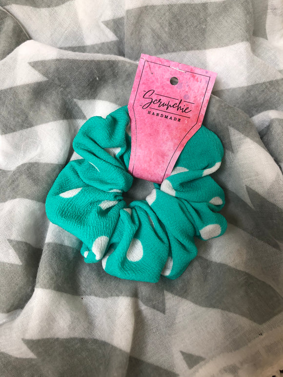 Turquoise and White Polka Dot Scrunchies # 124