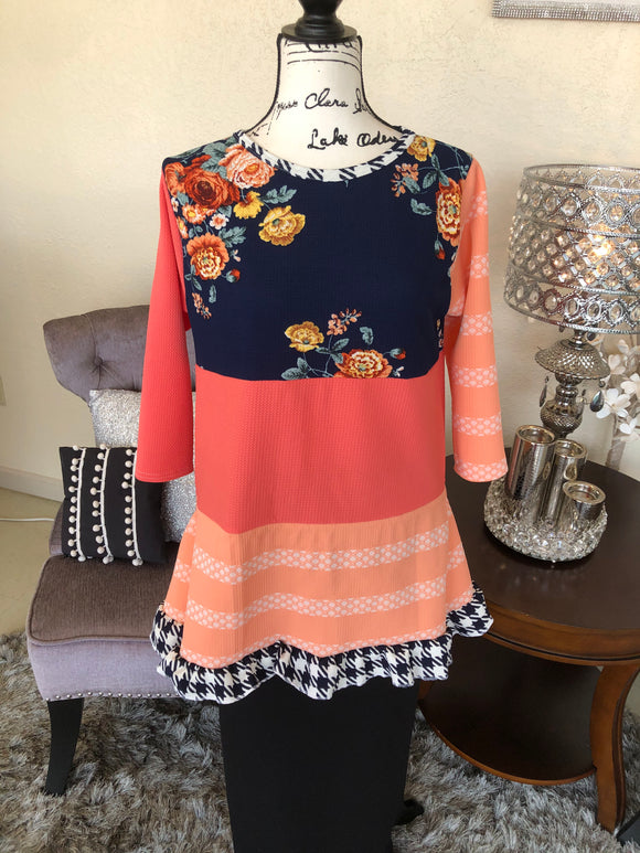 Coral, Navy and Mustard Retro Style Top