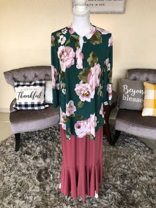 Teal Green and Mauve Floral Top