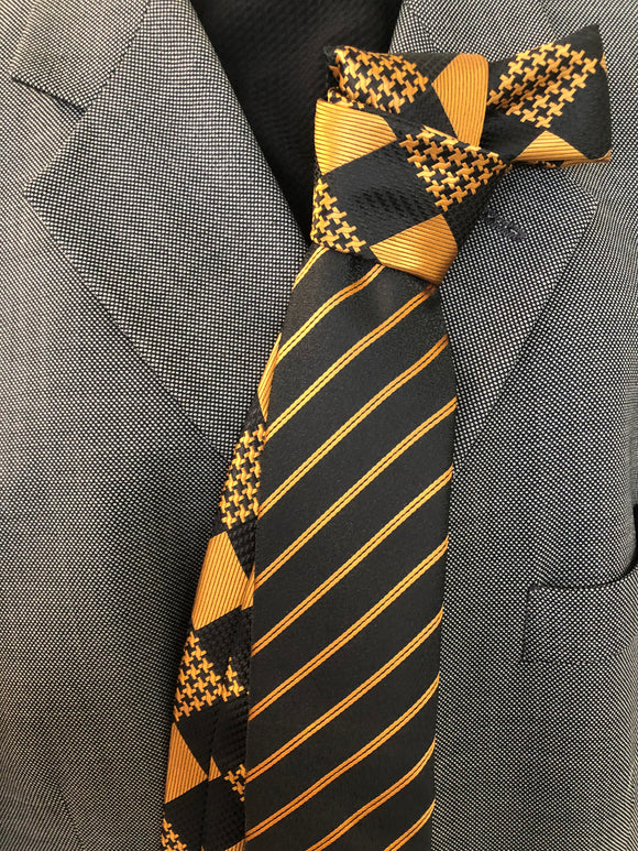 CK 154 Black with Gold Stripes W/Black and Gold Plaid Contrast Tie