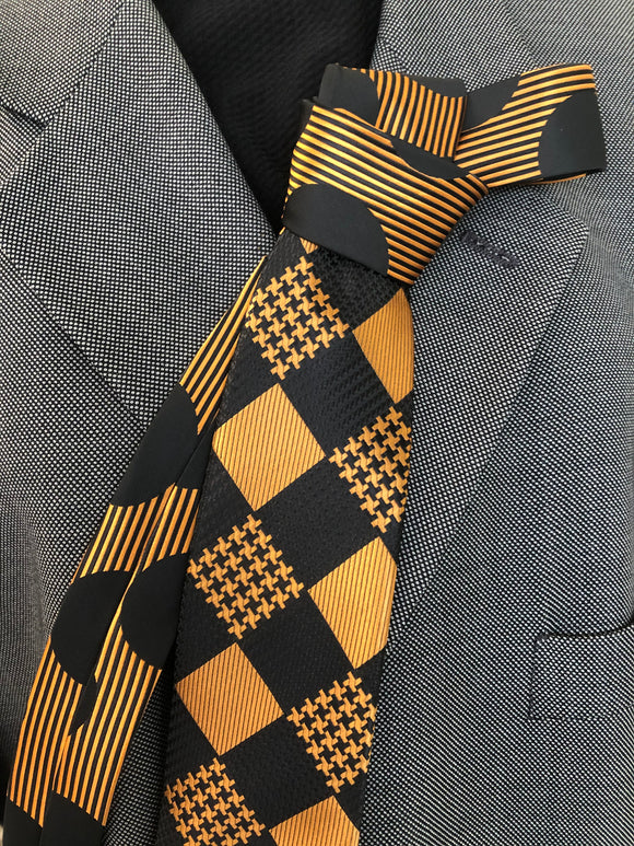 CK 155 Black and Gold Plaid W/Black Stripes and Dots Contrast Tie